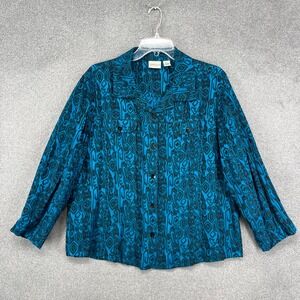 Chico's Button Front Shirt Womens Size 3 Teal Black Silk Blend Geometric Blouse